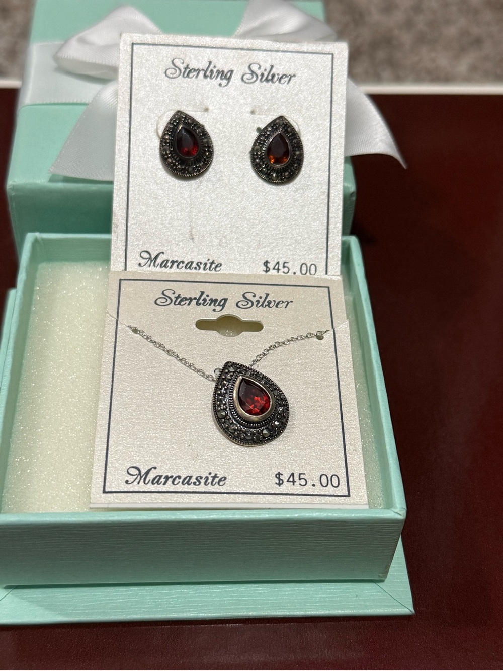 Kohl's Sterling Silver Marcasite Teardrop Earrings with Red Stones